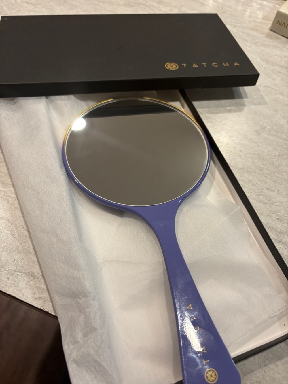 Tatcha Hand Mirror in Deep Blue with Gold Trim